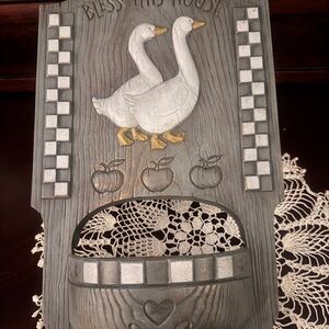 Vintage 80s Plastic Goose Wall Planter – Ribbon Geese – Country Kitchen Decor